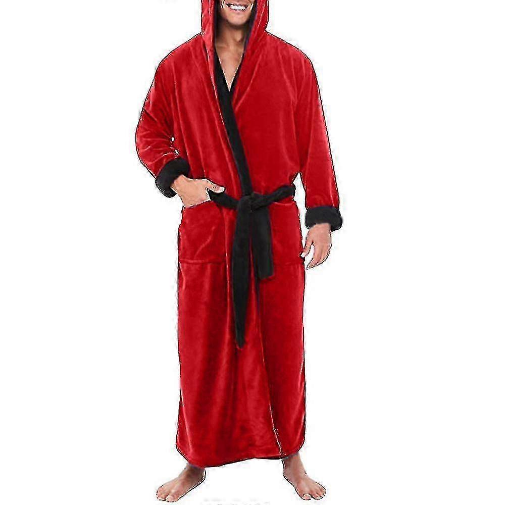 Men Fleece Long Dressing Gown Hooded Bath Robe Nightwear Sleepwear - JA