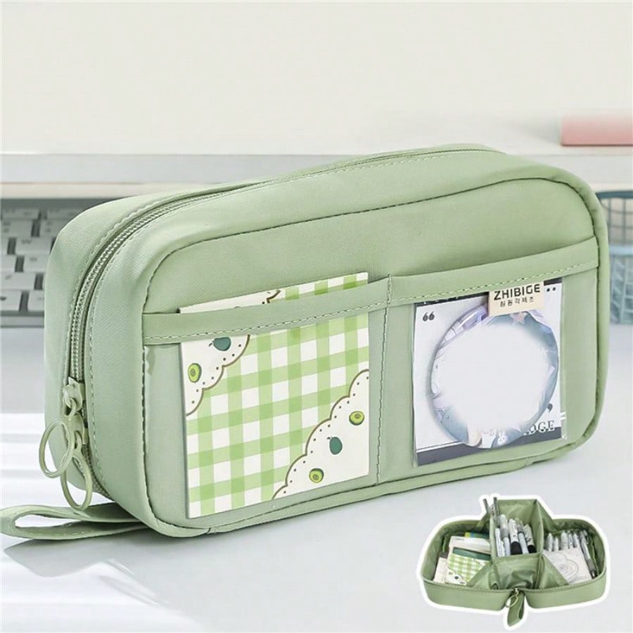 Large Capacity Pencil Case 3 Compartment Pouch Pen Bag Double Side Opening Student Stationery Organizer School Supplies