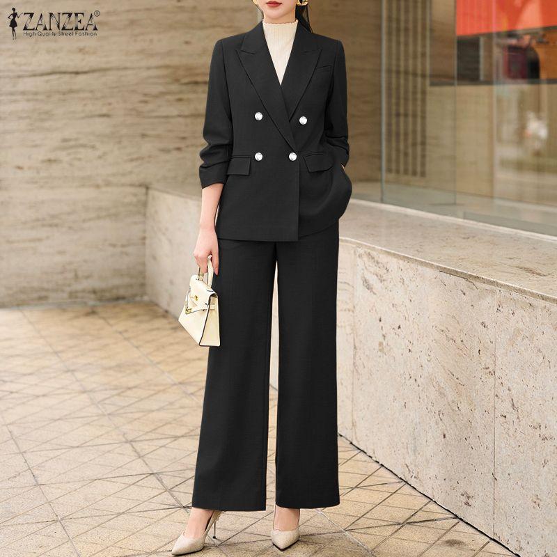 ZANZEA Women Long Sleeve Cardigan Blazer and Pants Casual Two Piece Suit Sets