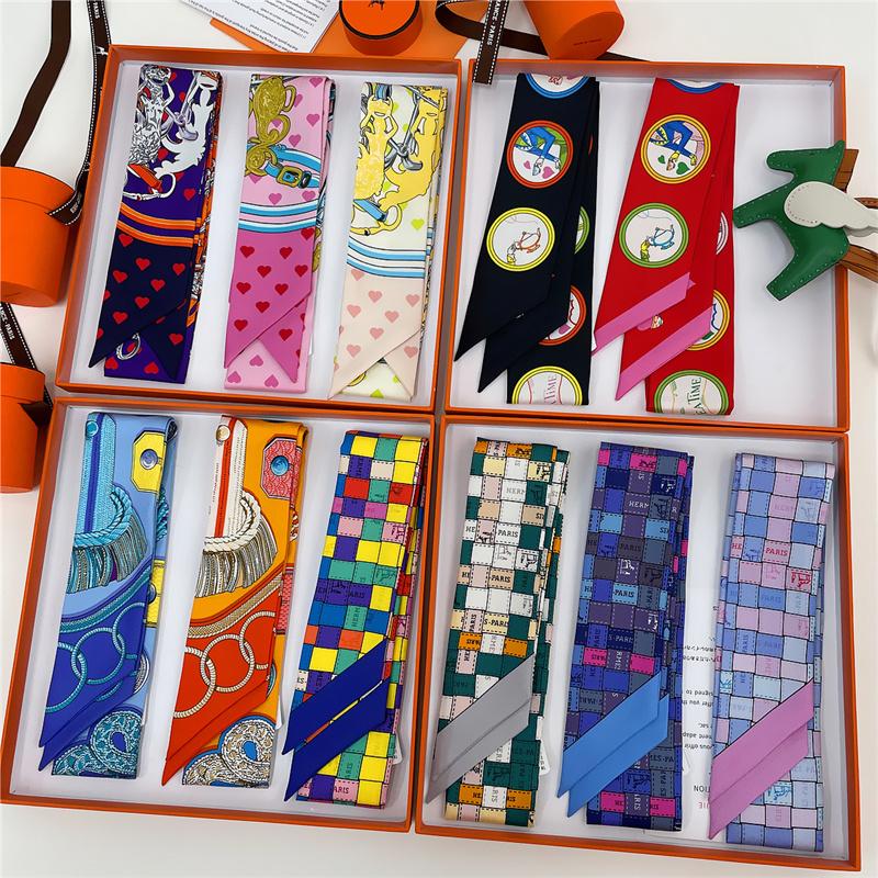 POBING Animals Print 18m/m Twill Silk Scarves Women Luxury Brand Scarf Bag Ribbons Tie Head Scarf Small Long Skinny Scarf 86*5CM
