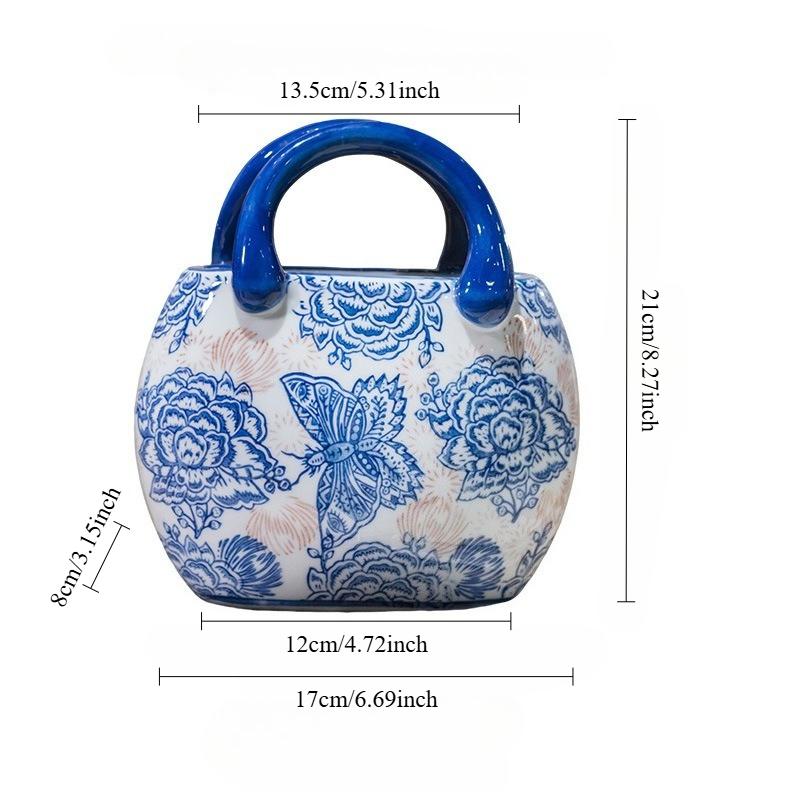 

Nordic Hand-painted Ceramic Handbag Ornament Blue and White Ceramic Vase Home Living Room Entrance Flower Arrangement Decoration