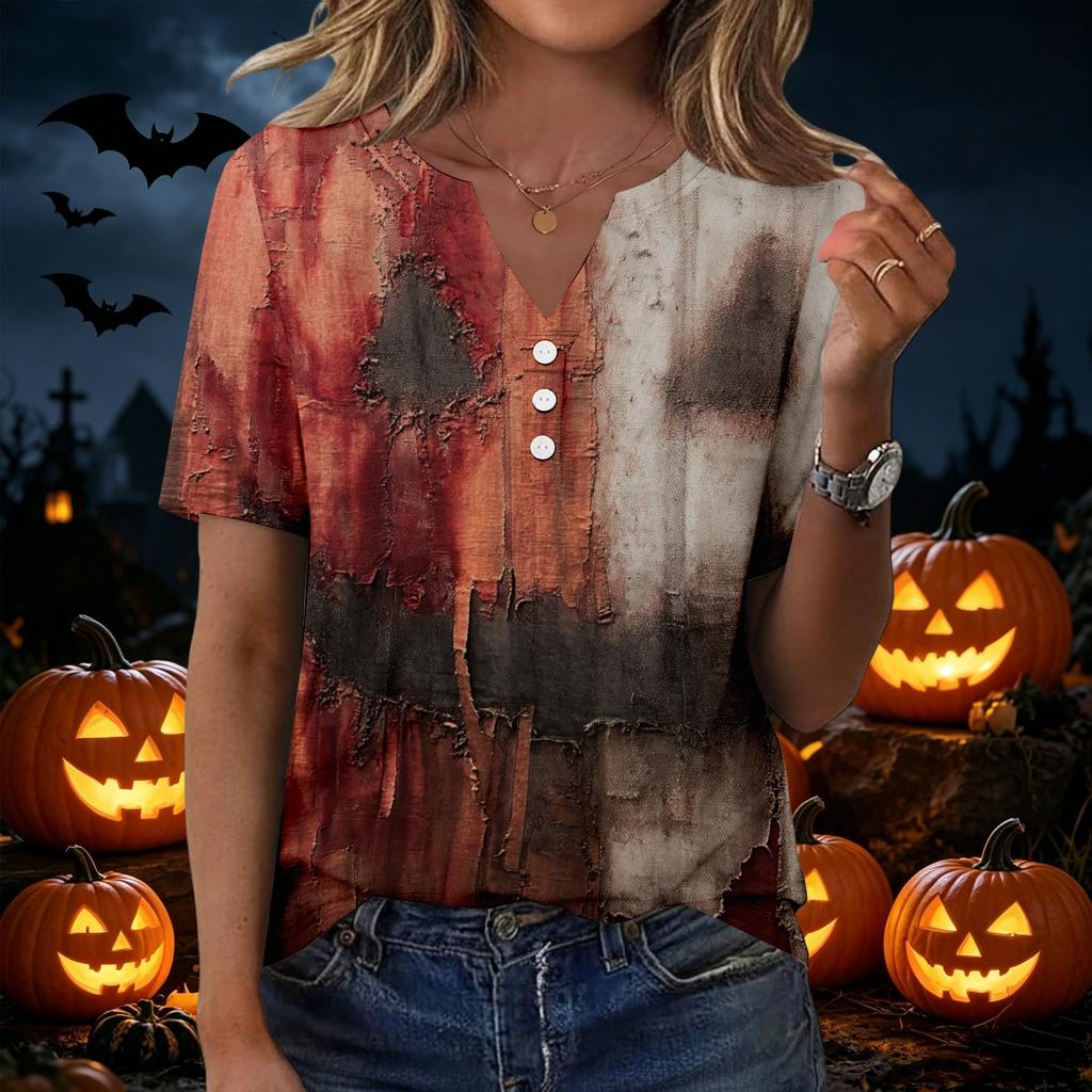 Women Halloween Print Loose Fit V Neck Short Sleeve Shirt with Pocket Casual Top for Everyday Wear