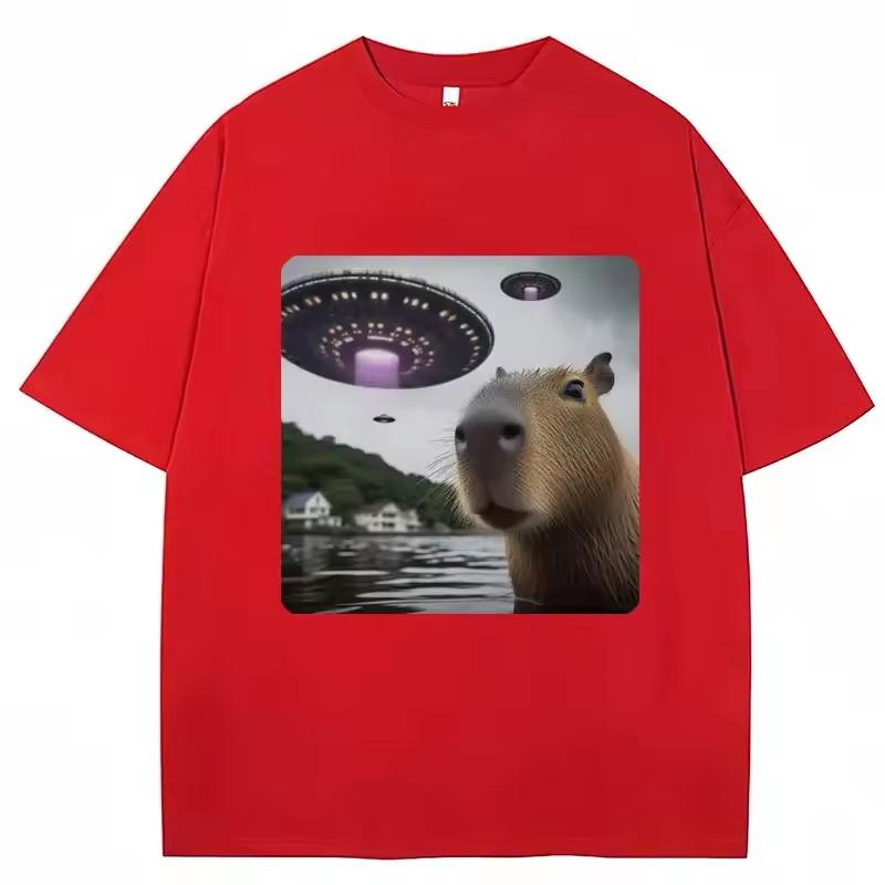 Funny Alien Selfie UFO Capybara Graphic T-Shirt Animal Lovers Men Women Tee Shirt Cozy Cotton Loose Casual T-shirts