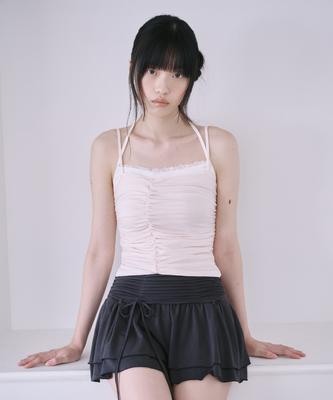 Seoulli Layered Lace Shirring Top [Baby Pink]