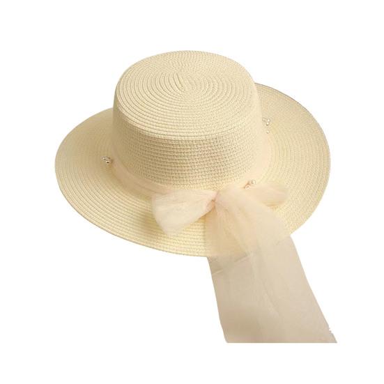 Beach Straw Hat Flat Top Wide Brim Sun Protection Hat with Tulle Bow Imitation Pearls Decor Hand-Woven Breathable Summer Hat