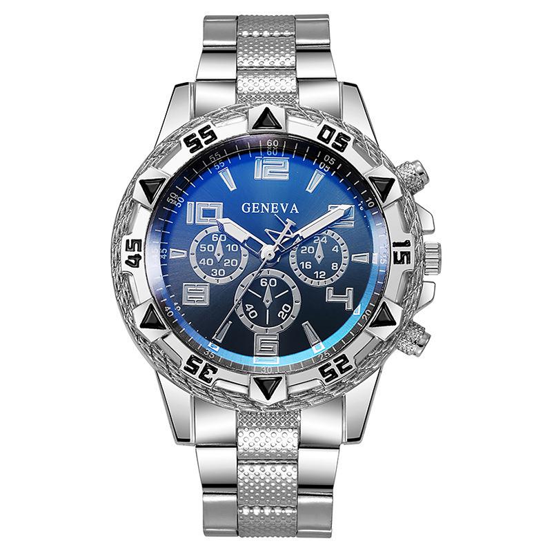 

2023 Men s Casual Silver Alloy Watch with Stainless Steel Band and Faux Three-Eye Design срібний/синій