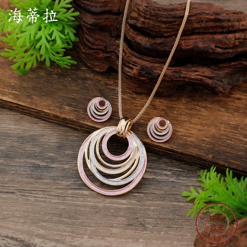 New Enamel Color Hollow Ring Stud Earrings Pendant Set Women's Fashion Simple Ring Necklace Set