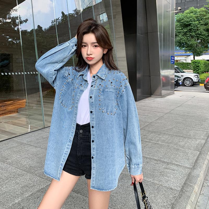 2026 Autumn Women's Korean Style Loose Beaded Denim Jacket Shirt