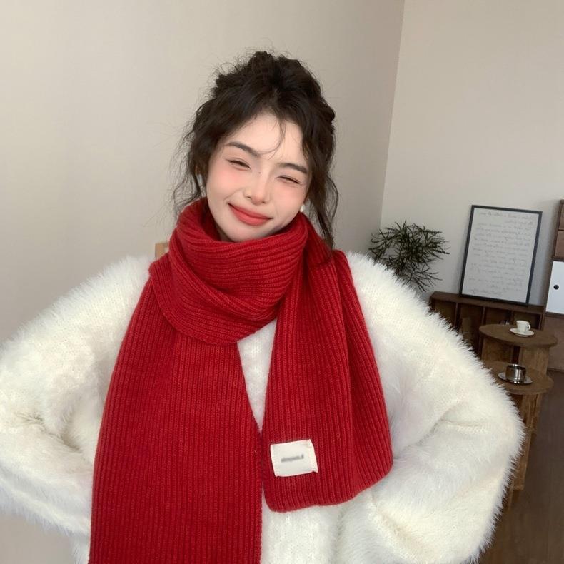 Wool solid color knitted red scarf women's autumn and winter Korean atmosphere versatile light luxury high-end couple scarf