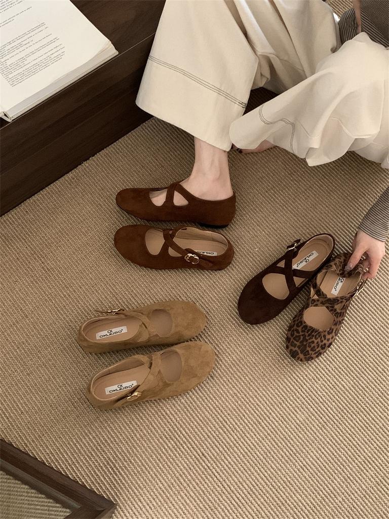 Flat Mary Jane Shoes Women's Shoes Spring and Autumn 2025 New Niche Leopard Print Cross Buckle with Round Head Retro Single Shoes