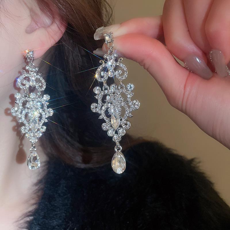 Silver Needle Diamond Water Drop Tassel Earrings - Elegant Court Style, Versatile & Luxurious Design.