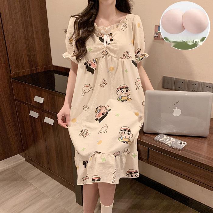 2024 Sommer-Kurzarm-Nachthemd mit Brustpolster – Niedlicher Wolken-Baumwoll-Cartoon-Prinzessinnen-Stil