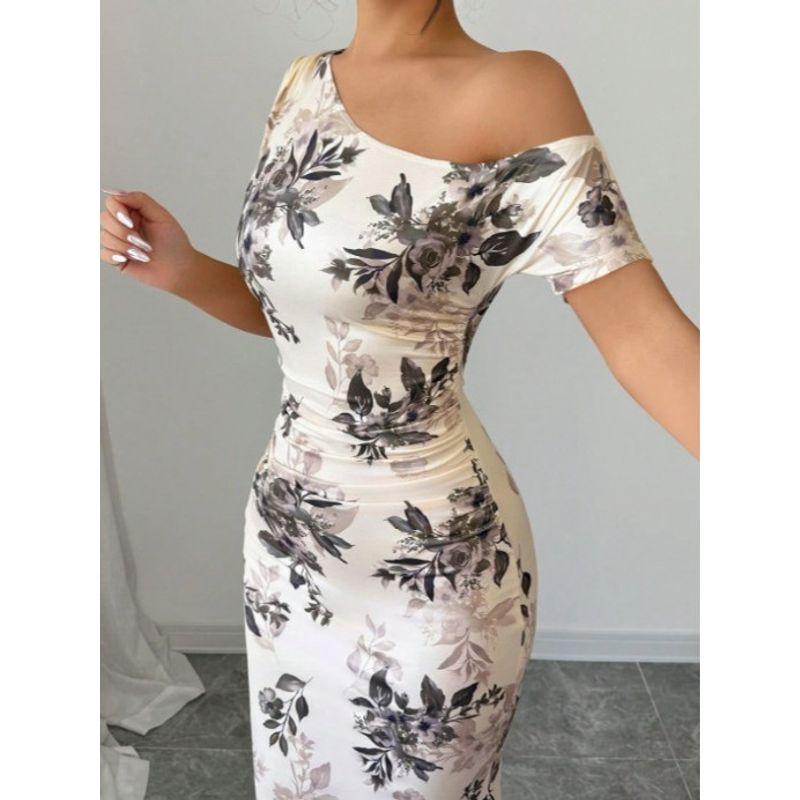 European and American Print Sexy Sexy Oblique Collar One Shoulder Slim Fit Waist Hugging Sheath Short Sleeve Fishtail Skirt Long Dress Formal Dress