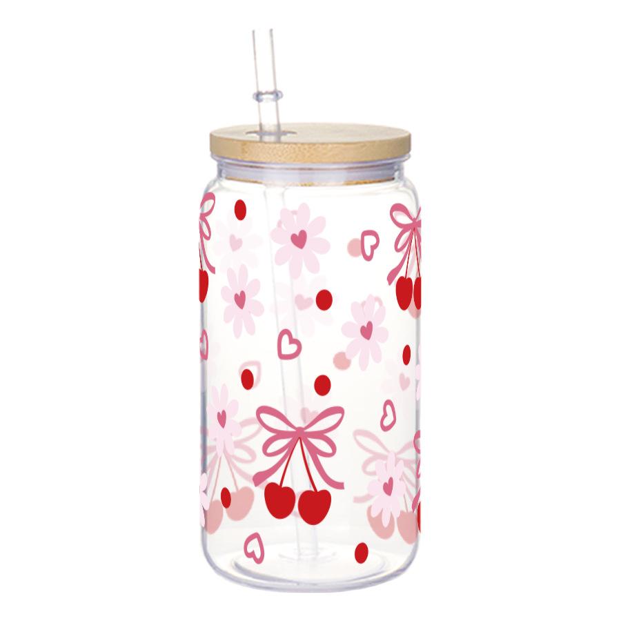 16oz Cute Bow Plastic Cup with Lid Bow Cherry Graffiti Pattern Water Bottle for Kitchen Coffee Straw Cups Beverage Juice Cups
