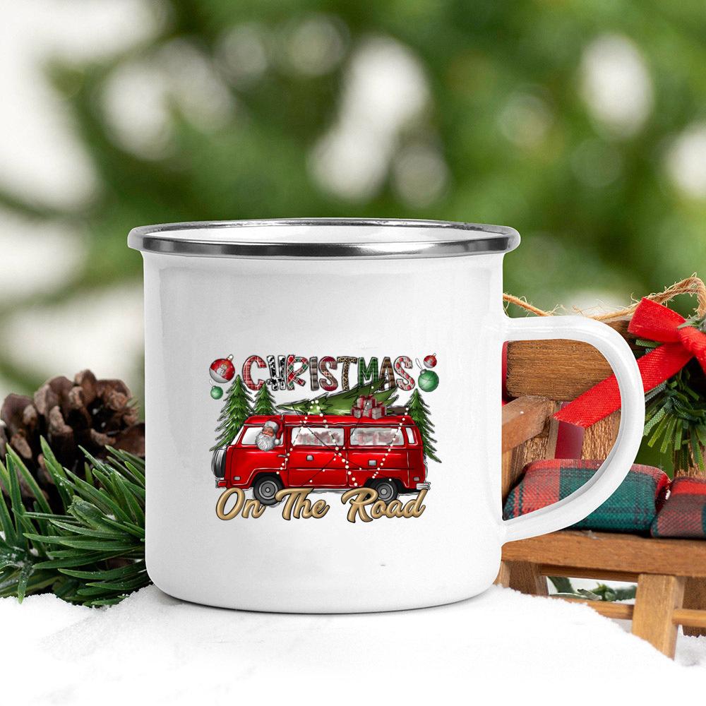 Truck Christmas Tree Printed Coffee Mugs Enamel White Drink Mug Handle Beer Cups Party Table Decoration Gifts for Family Friends