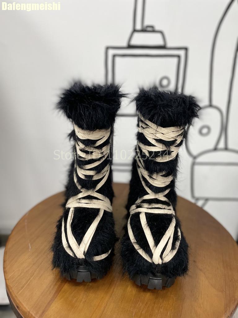 Cross Strap Fur Snow Boots 2025 Winter New Platform Wedges Knee-High Boots Lace-Up Large Size 46 Women/men Boots