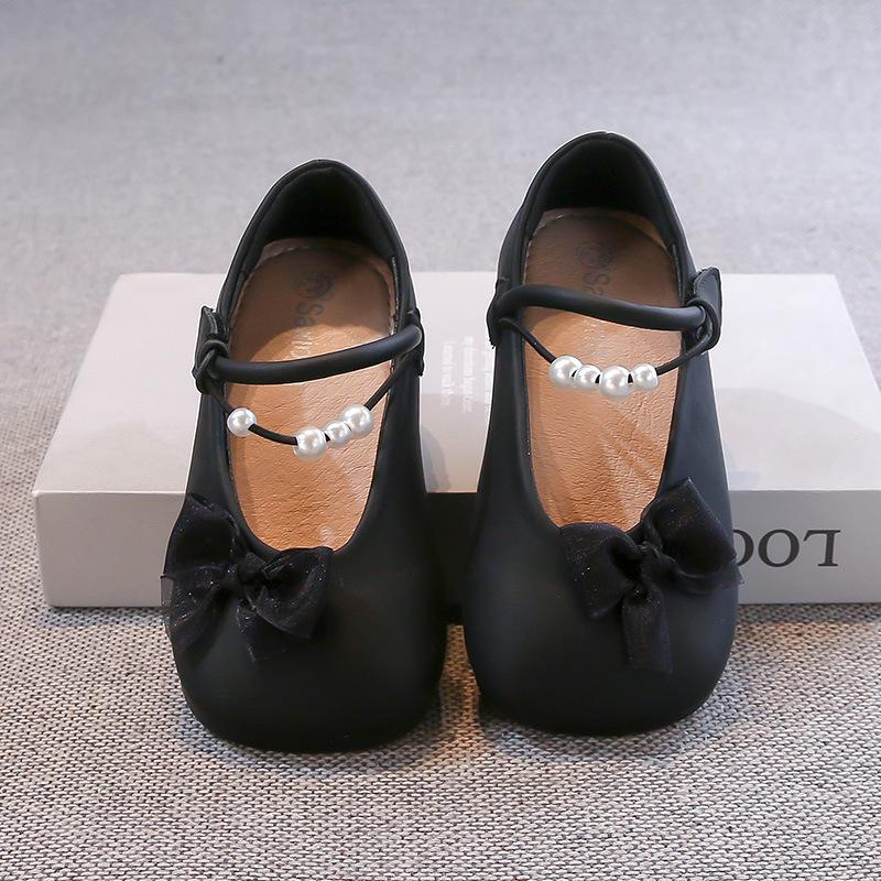 Kids Leather Shoes Mesh Lace Bow Girls Flat Shoes Soft Sole Non-slip 2025 Spring Autumn Children Princess Shoes Sweet Pearls Ins