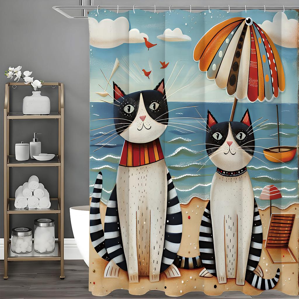 Cute Cat Ocean Beach Umbrella Shower Curtain, Bathroom Decorative Shower Curtain, Waterproof Shower Curtain with Hooks