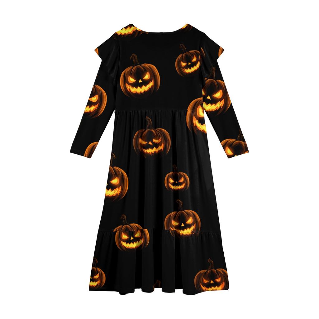 Robe à volants étagés pour filles Jour d'Halloween - Maxi imprimée à manches longues avec poches