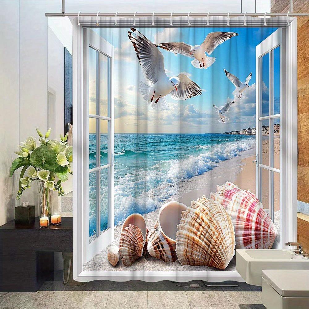 1pc Ocean Scenery Shower Curtain, Vivid Seagull And Shell Pattern, Bathroom Decor Polyester Fabric, with 12 Hooks