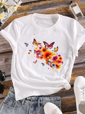(Asian Size) Butterfly Trend 90s Women Tee Top Clothing Casual Print Lady  Flower Fashion Short Sleeve T Shirt Female Graphic T-shirts