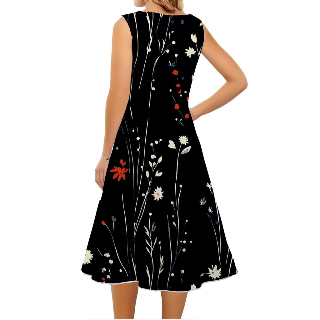 Women's Casual Fashion Floral Print Round Neck Sleeveless Midi Dress