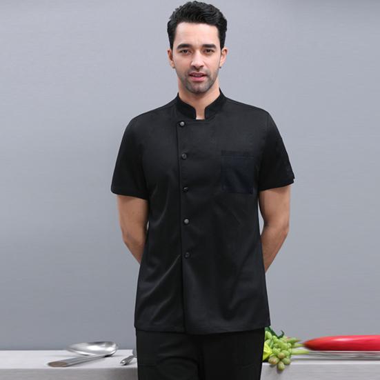 Hotel Chef Clothes Stand Collar Single Breasted Short Sleeve Breathable Overalls Stain Proof Cotton Blend Summer Chef Shirt Restaurant Kitchen