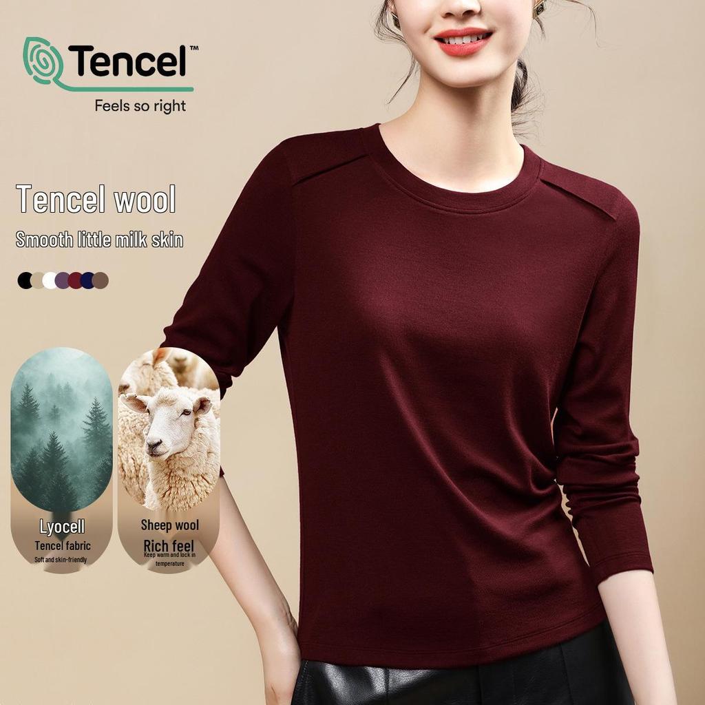 Women's Tencel Wool Slimming Base Layer Shirt - Round Neck, Long Sleeve, Spring/Winter Style, Skin-Friendly & Elastic Fit (2025).
