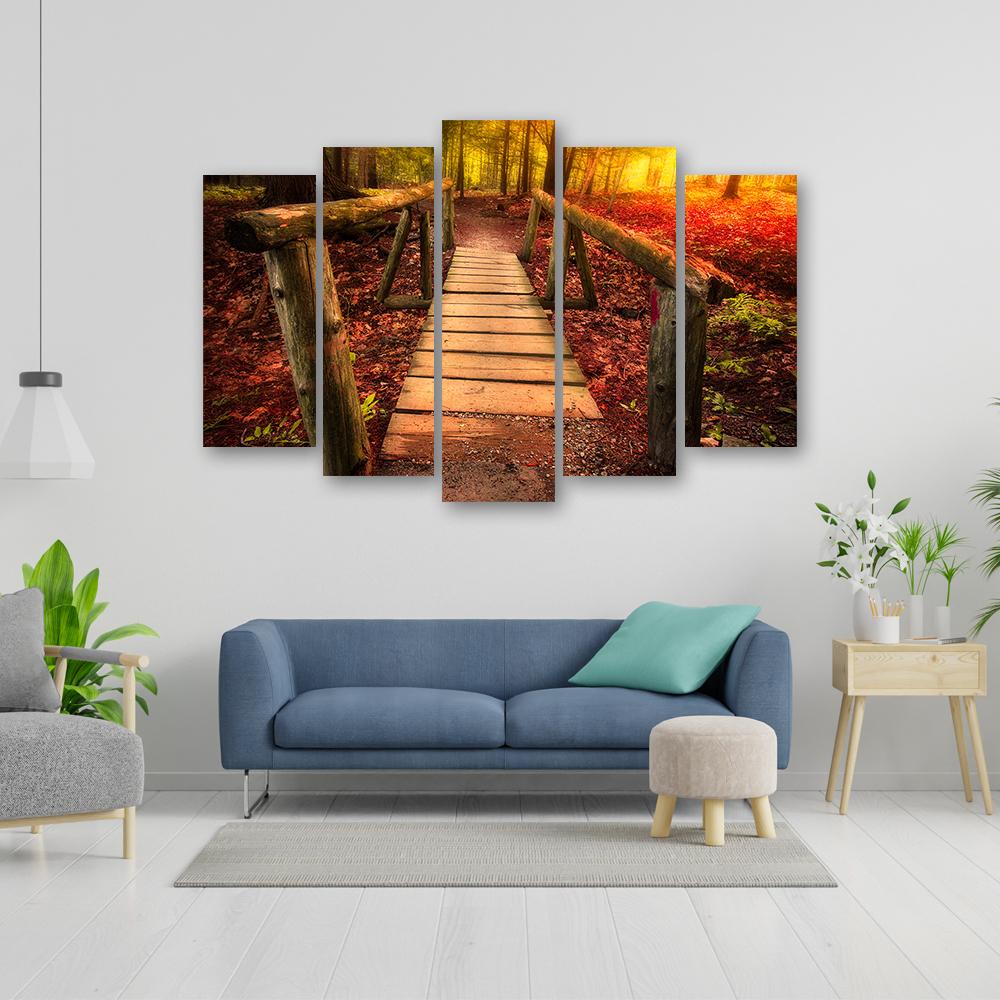Fünfteiliger Leinwanddruck Autumn Forest Leaves Bridge