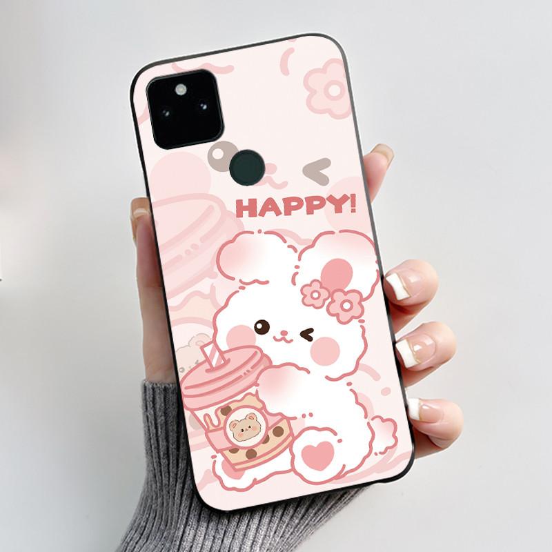 

For Google Pixel 5a Soft Silicone Black Case Trendy Style Cartoon Pattern Fluffy Bunny, Milk Tea Rabbit, Rabbit Lamp Casing Google Pixel 5a