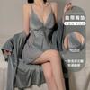 Women's Velvet Mesh Side Slit Padded Cami Sleep Dress with Robe Lounge Set