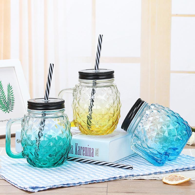 Creative Mason Cup Gradient Glass Drink Pineapple Water Cup with Lid Straw Cup Handle Cup