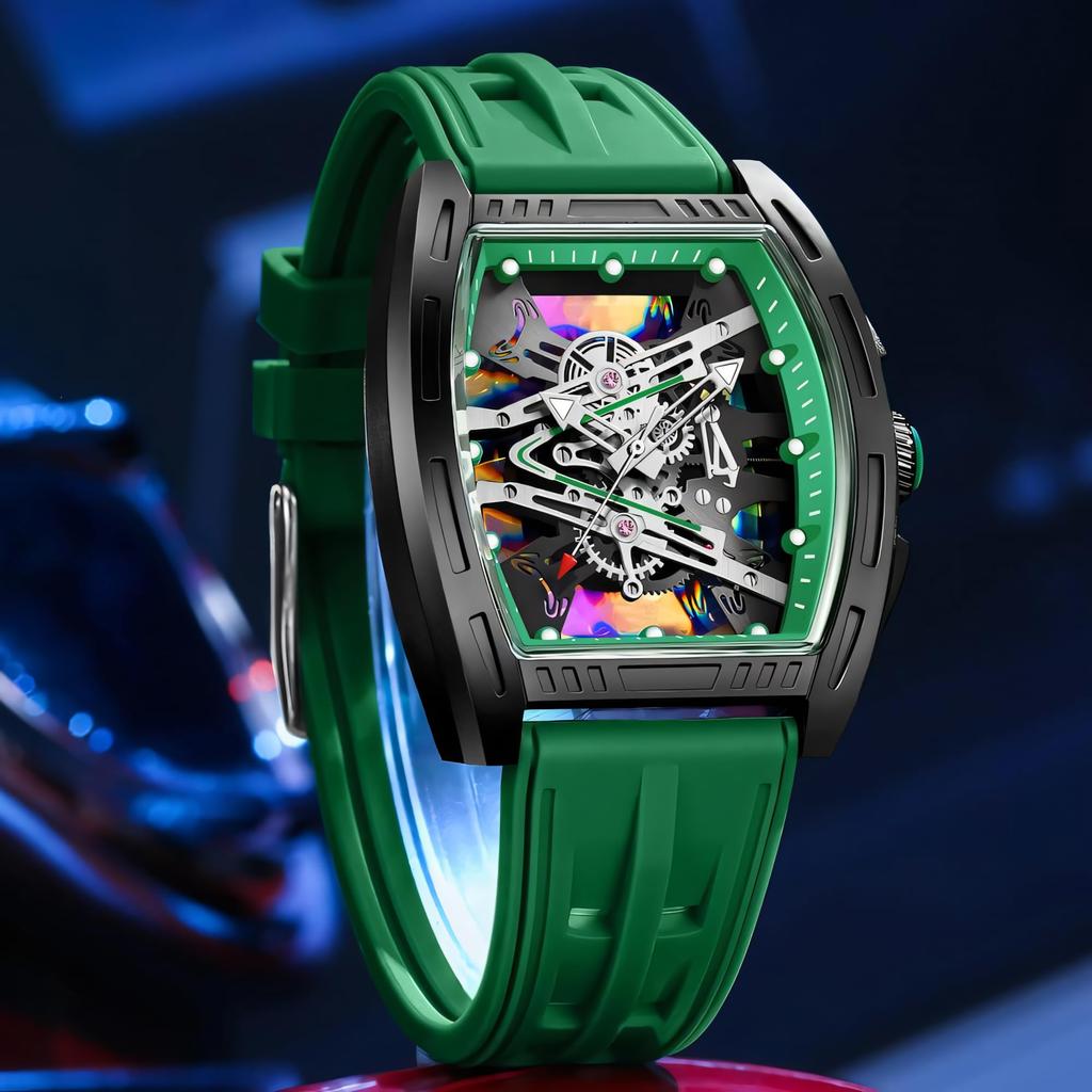 New Business Cool Wine Barrel Shaped Hollowed Dial Men's Wristwatch Silicone Strap Waterproof Luminous Quartz Male Watch