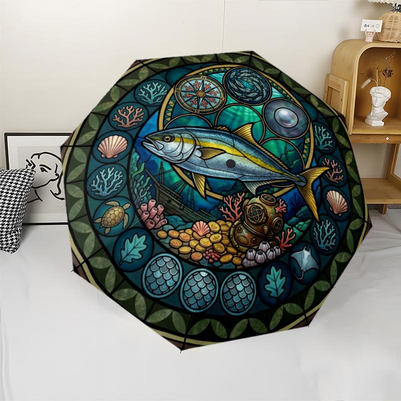 Ocean Life Glass Pattern Umbrella, Portable and Foldable Design, 8 Ribs, a Casual Accessory for Halloween, Christmas, and Birthday Gifts.