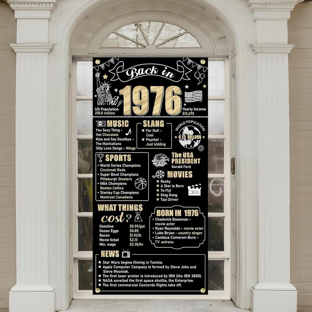 50th Birthday Decorations Back In 1976 Door Banner for Men Women, Black Gold Happy 50 Birthday Door Cover Party Supplies, Fifty Year Old Bday
