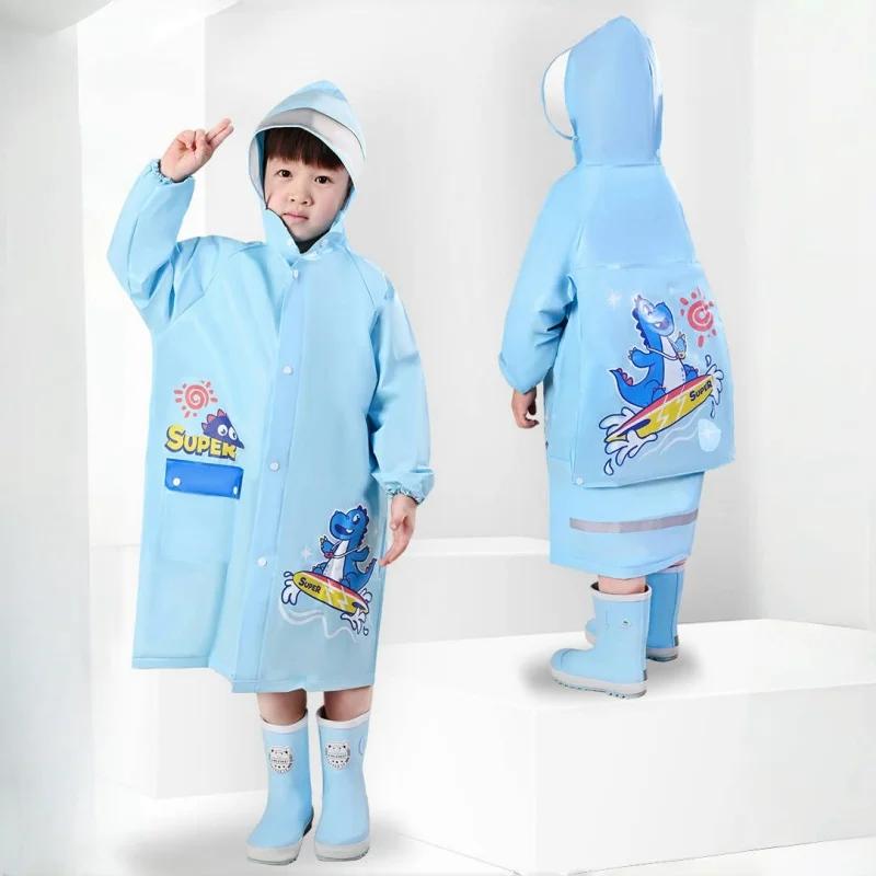 PVC Cute Kids Raincoat Waterproof Children Dinosaur Unicorn Rain Poncho Rain Coat Jacket With Backpack Position Student RainWear