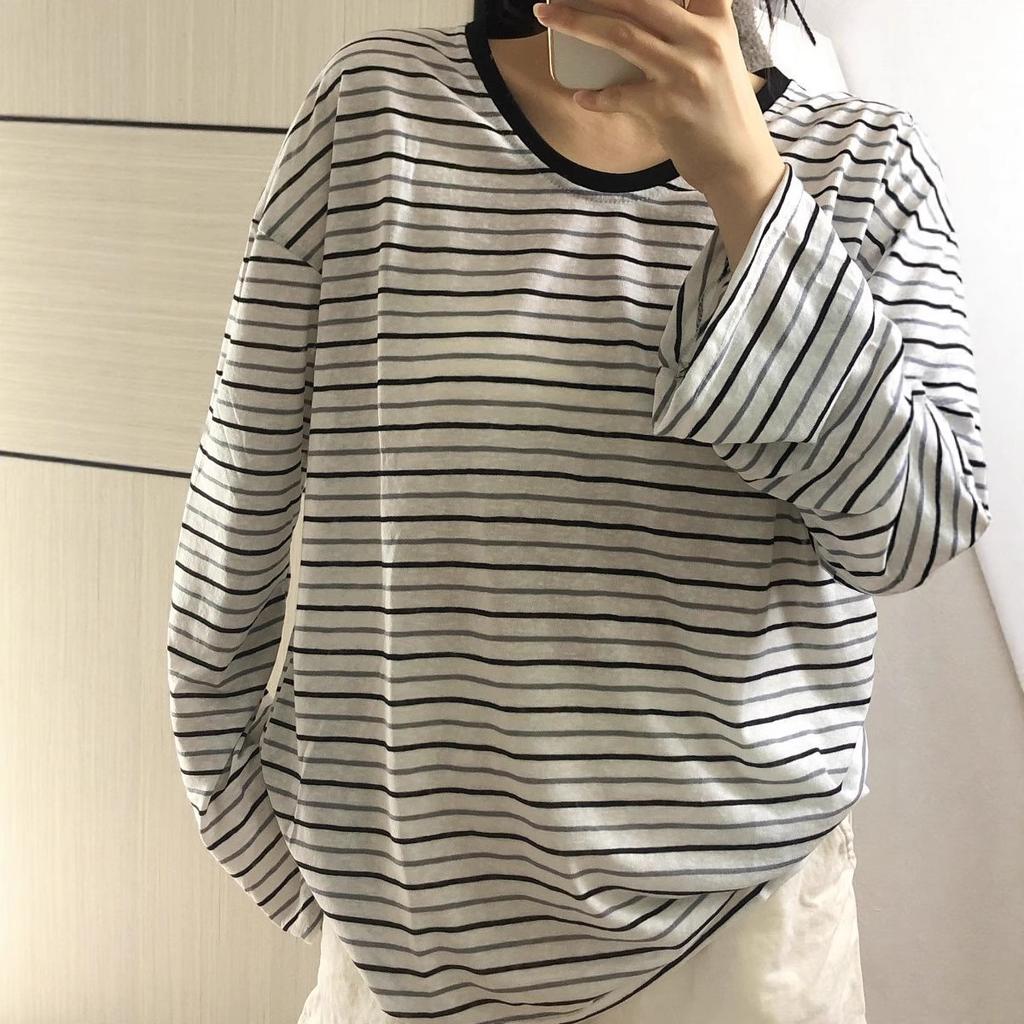 Spring and Autumn New Yarn Snowflake Stripe Korean Slack Lazy Stripe Sunscreen T-Shirt Women's Long Sleeve Air Conditioning Blouse