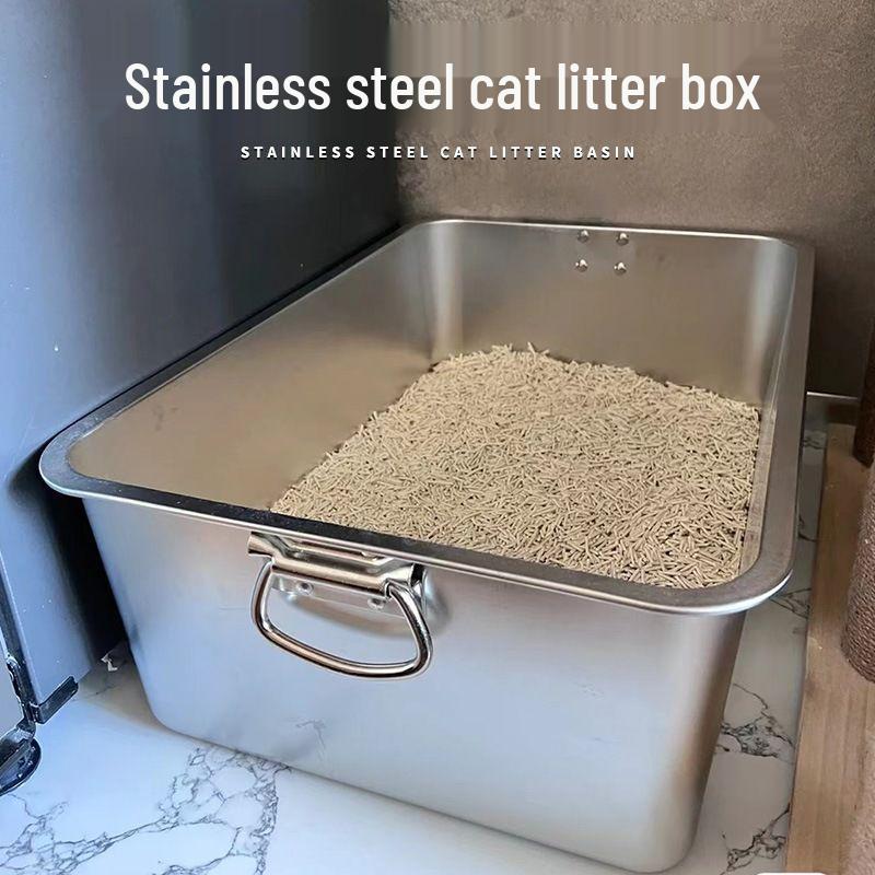 Extra Large Stainless Steel Cat Litter Box with Raised Edge - Anti-Splash, Anti-Tracking, Easy To Clean.