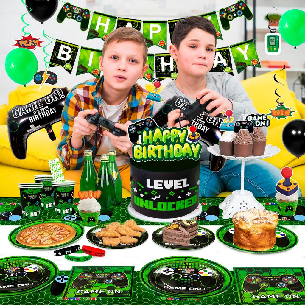 Gaming Bursdagsselskapsutstyr for barn, Videospill Selskapsdekorasjoner&Servisesett-Tallerkener Kopper Duk Ballonger Banner osv Selskapsutstyr