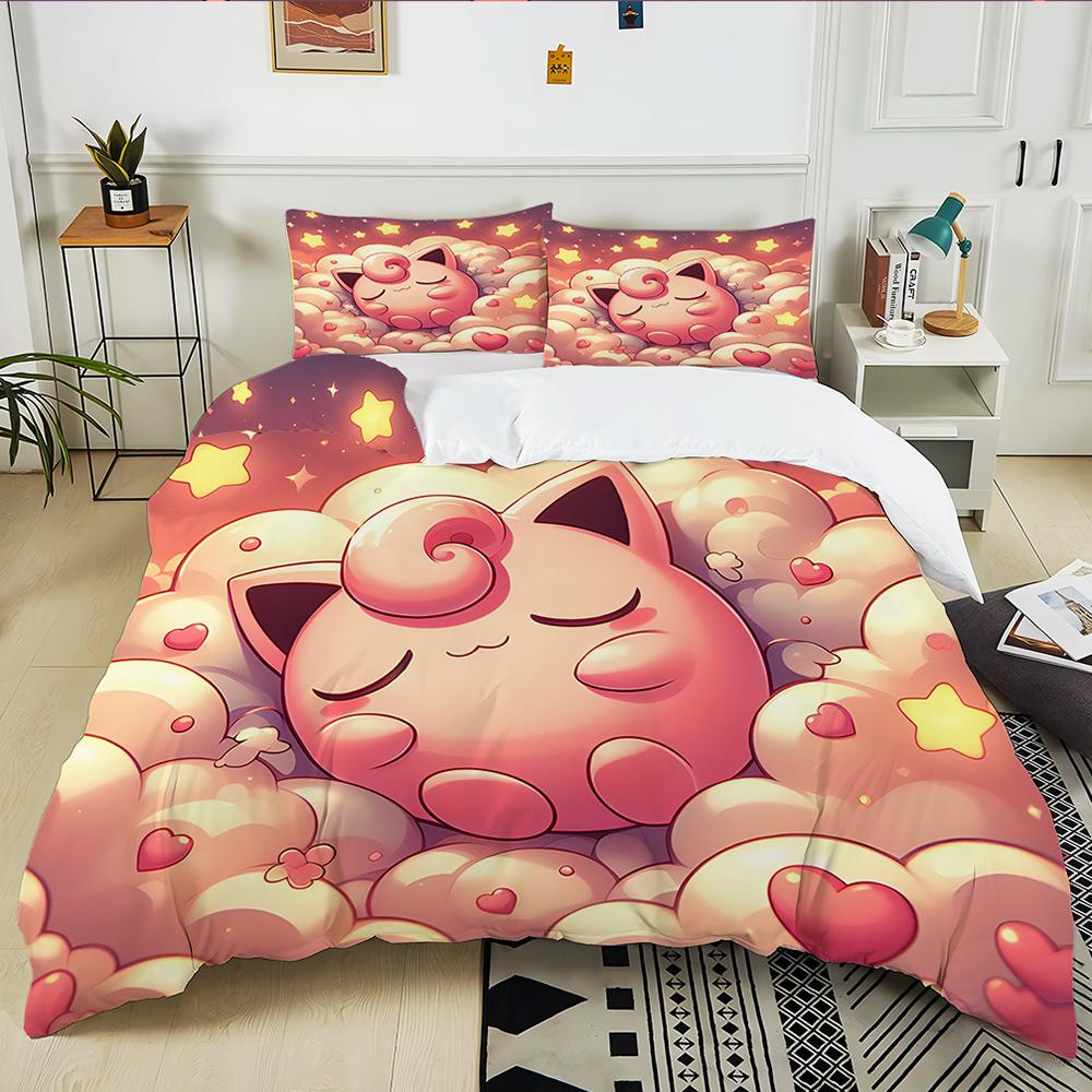 Next Day Shipping P0kem0n Jigglypuff Print Pink Bedding Set 3PC 1 Duvet Cover 2 Pillowcases Adult Kids Bedding Set Comforter Set
