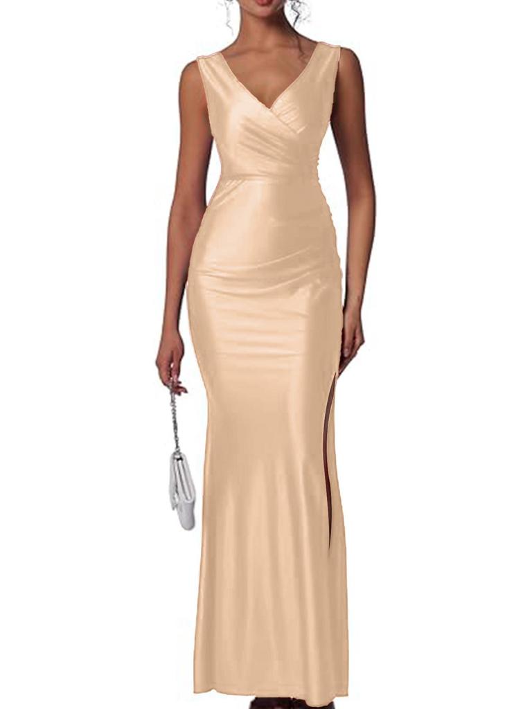 European & American Slim Fit Solid Color Satin Slit Dress