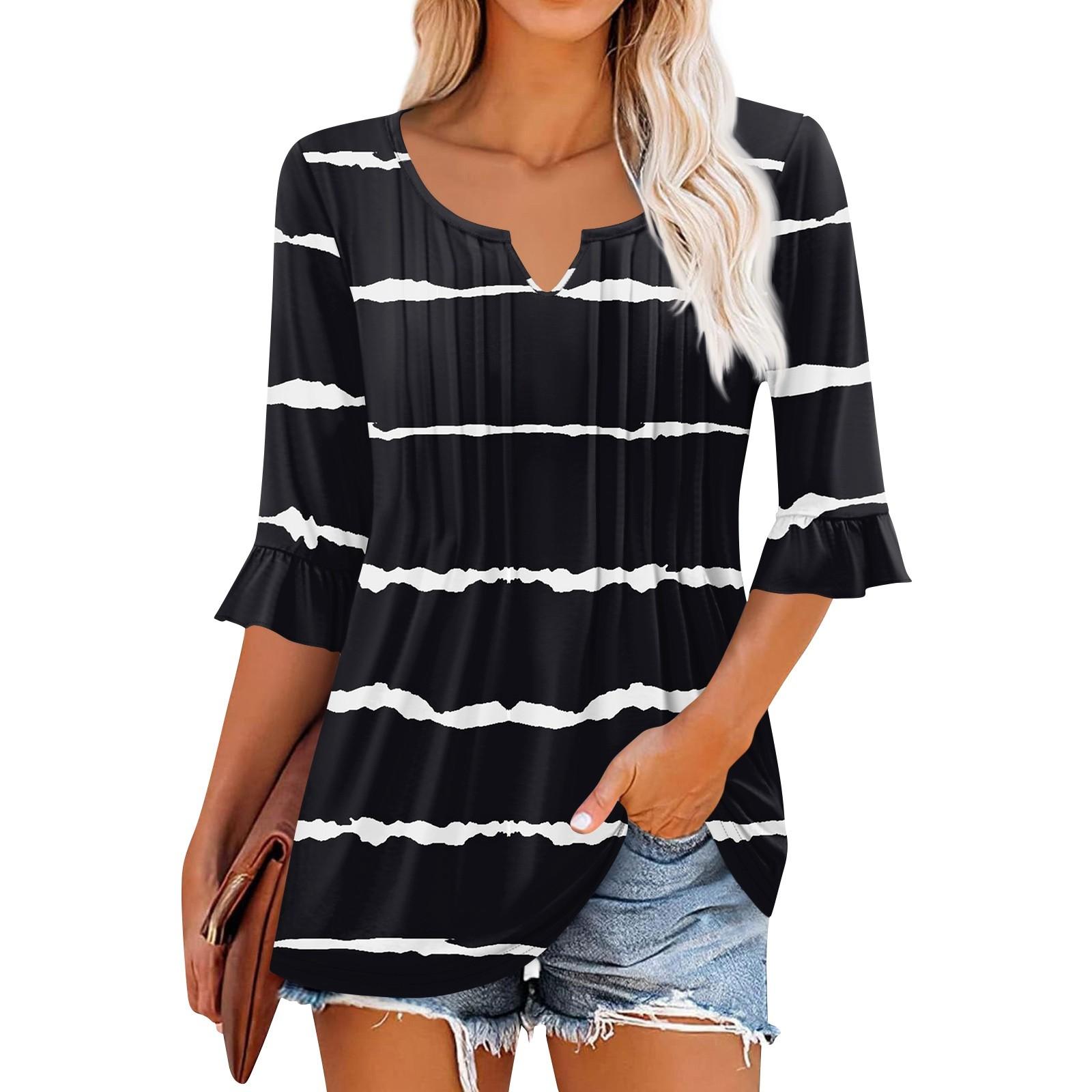 

3/4 рукава топы для женщин повседневные оборки V-образный вырез футболки рабочие блузки нарядные туники топы L чёрный