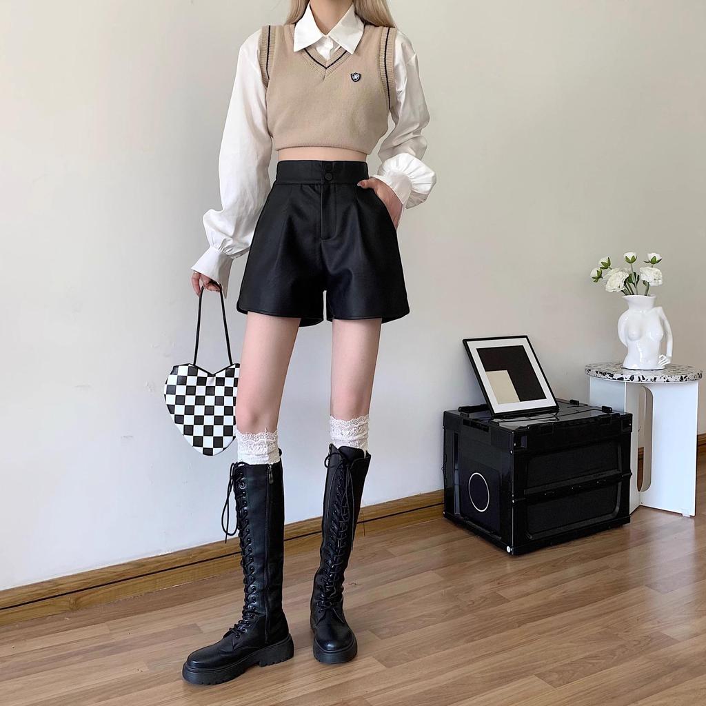 Autumn Brown High-Waist Slimming Leather Shorts for Women
