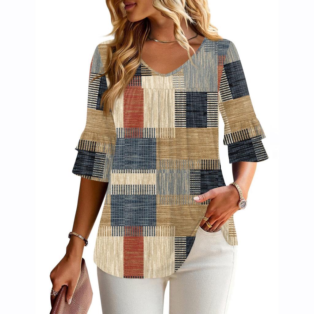 3/4 Length Sleeve Womens Tops Dressy Casual Blouses Bell Ruffle Sleeve Loose Fit Tunic Tops V Neck T Shirts