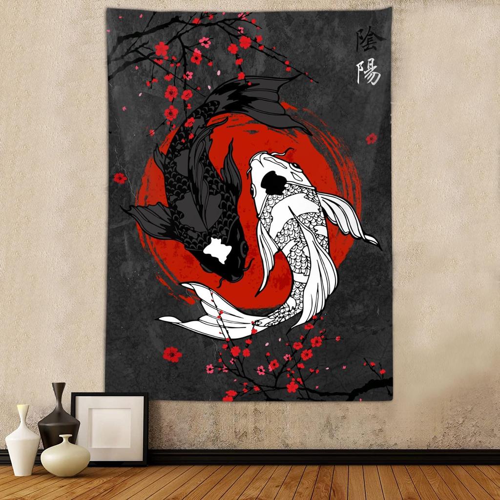 Tapeçaria de Parede Peixe Koi Yin Yang Arte Japonesa Decoração Design de Flor de Cerejeira Vermelha Boho Quarto Sala de Estar Interior da Casa Pendurado