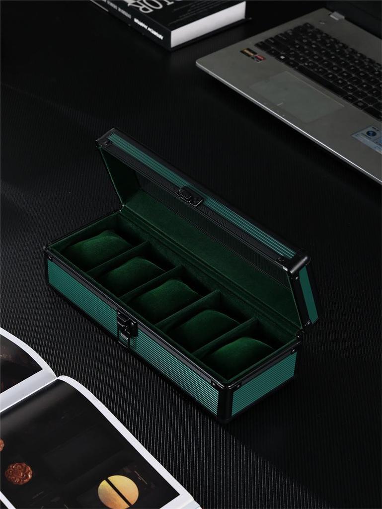 Aluminum Alloy Watch Box with Transparent Lid, 5 Slots, Multiple Colors