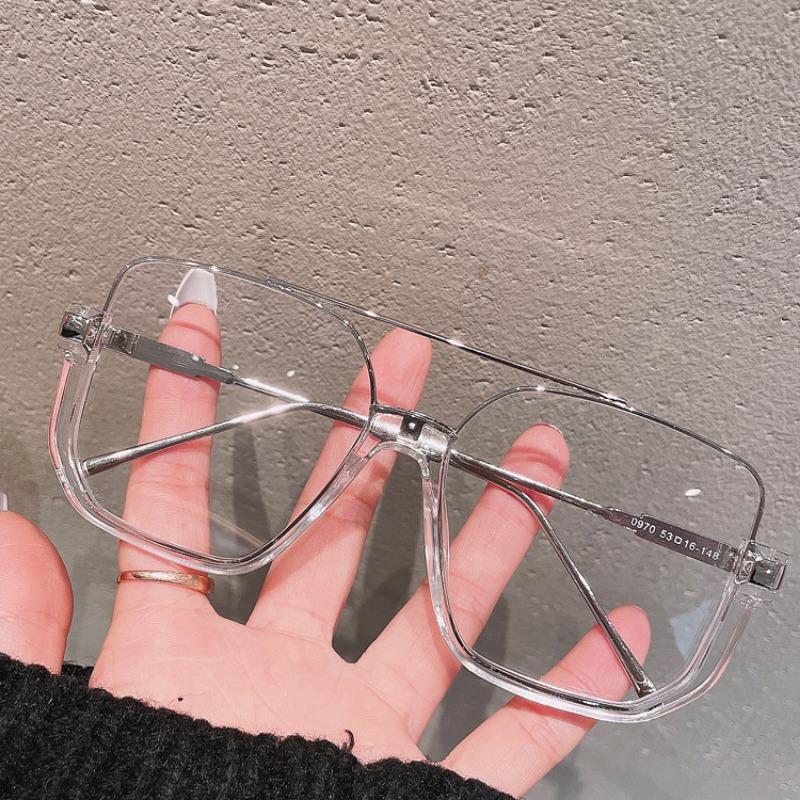 Retro Oversized Square Semi-Metal Transparent Glasses Frame For Women Anti-Blu-Ray Double Bridges Glasses Woman Optical