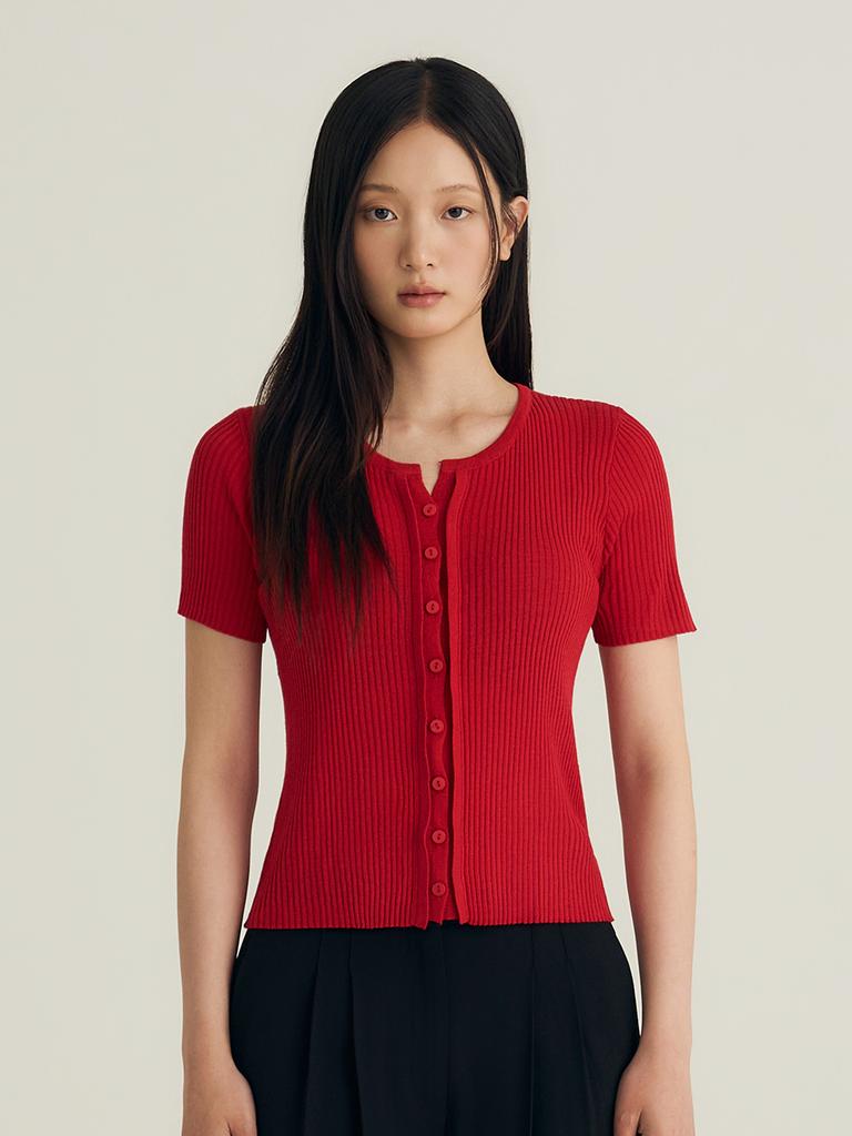 Biolses Linen Ribbed Short-Sleeve Knit Cardigan_Red