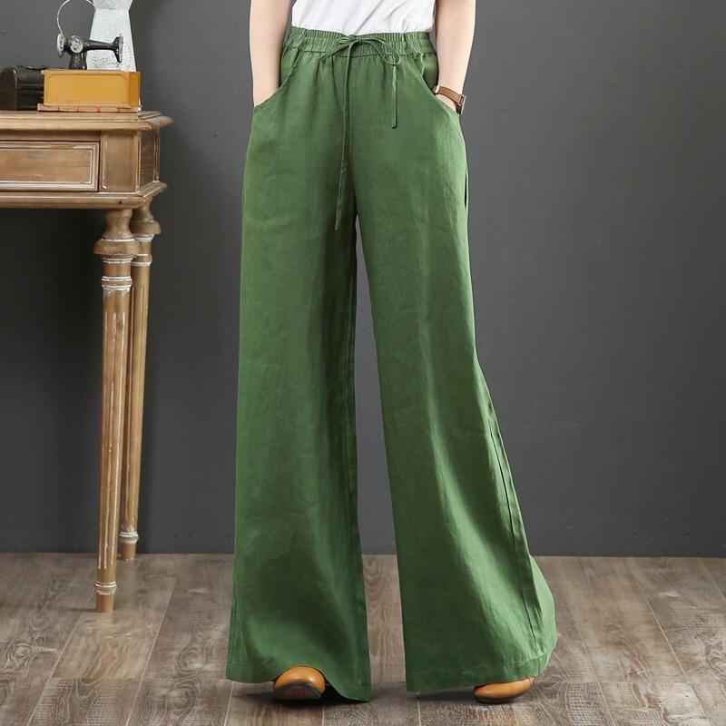 Women Spring Summer Cotton Linen Pants Casual Elastic Waist Wide Leg Trousers Fashion Loose Long Pants