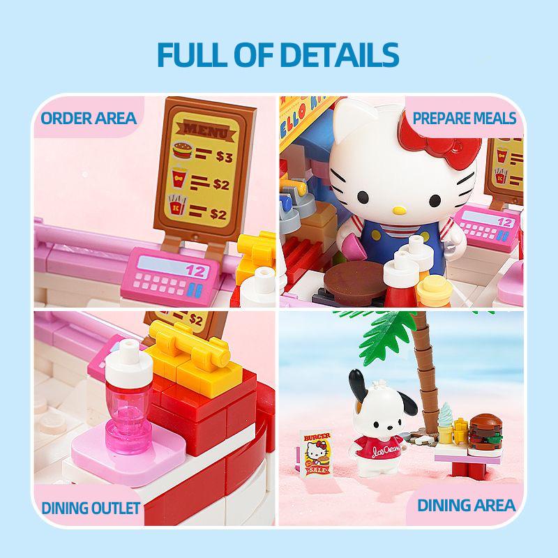 Non-Toxic Sanrio Series Building Blocks Hello Kitty Pochacco Burger Car Pom Pom Purin Cinnamoroll Dessert Car Model Bricks Kids Toys Gifts